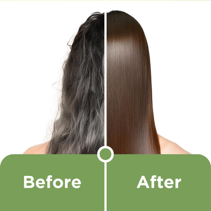 Before and after comparison of hair treatment showing a person with gray hair on the left and smooth, dark brown hair on the right.