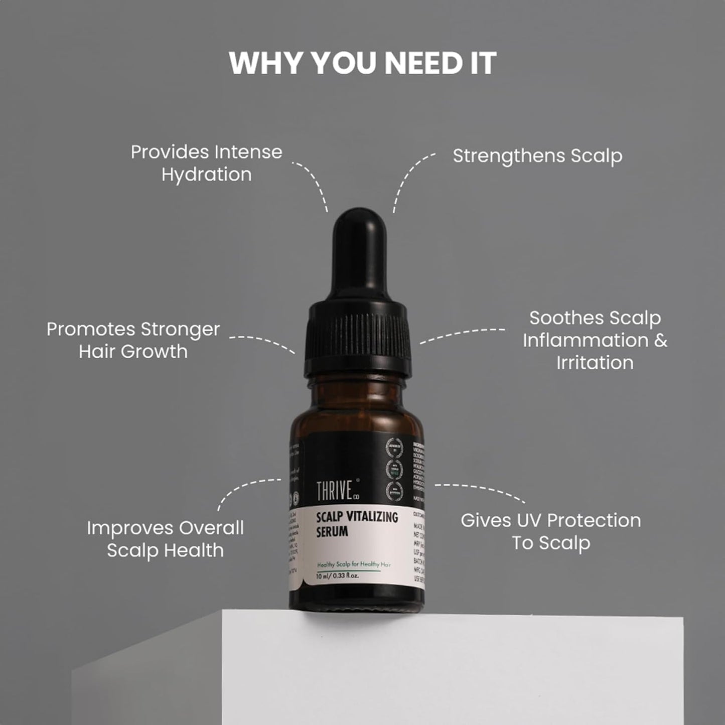 Bottle of scalp serum with text highlighting its benefits on a gray background