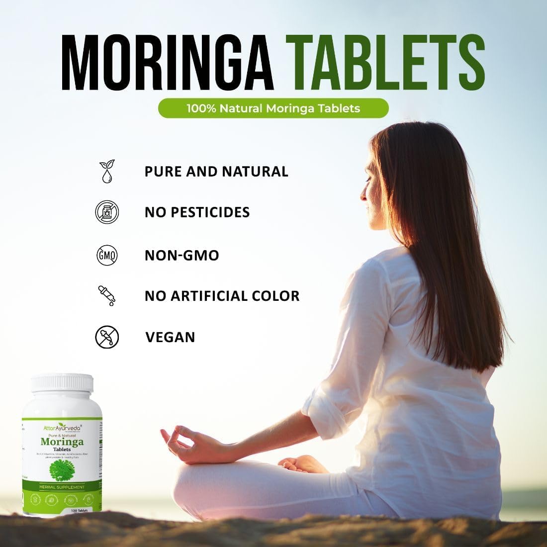 Moringa tablets advertisement with a woman meditating and product packaging.