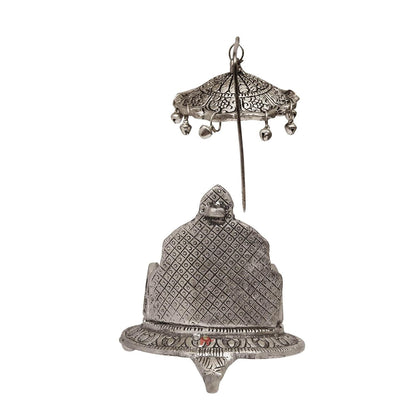 Metal Singhasan with Chhatra Antique Silver Finish Divine Peacock Design Pooja Chowki Seat for Laddu Gopal Temple Decoration - 7 Inch
