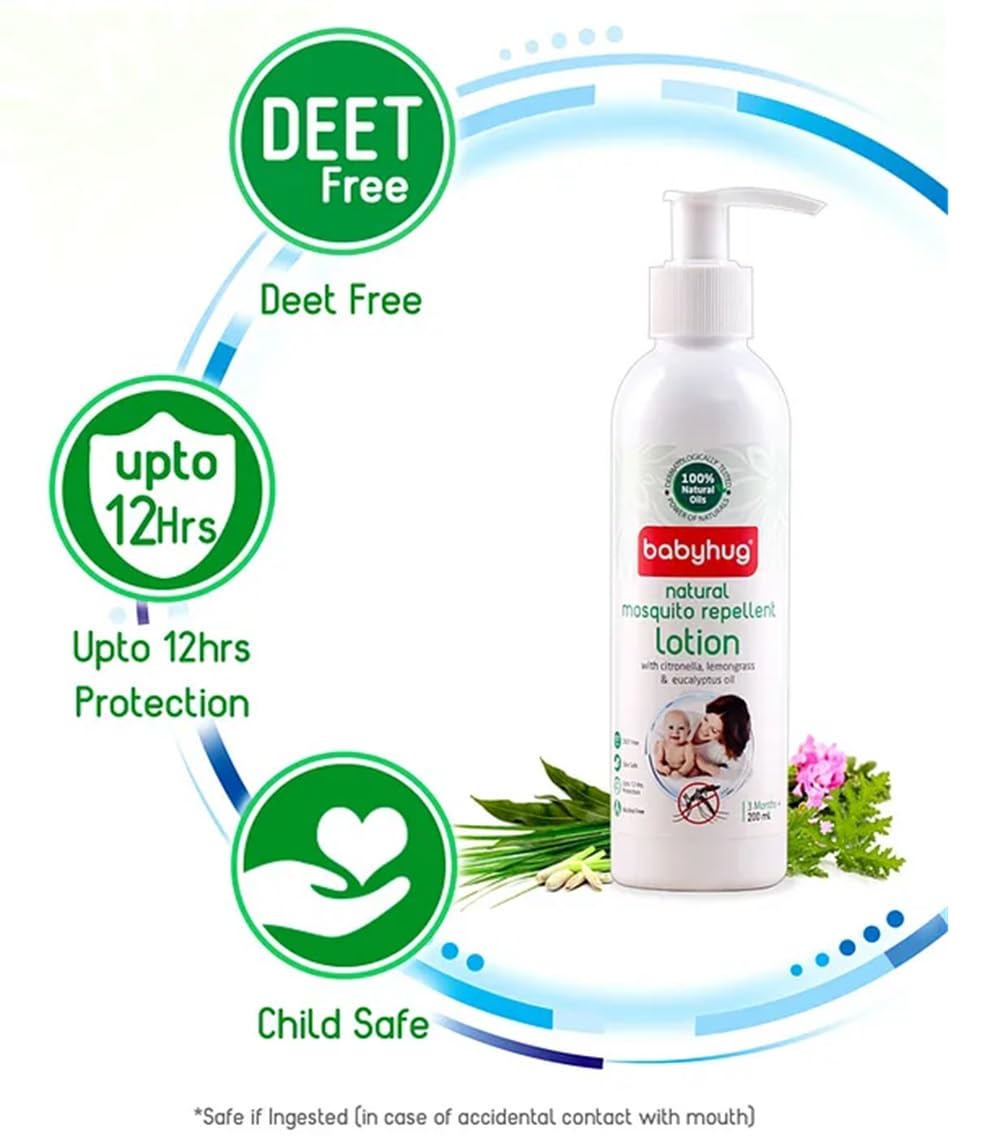 Babyhug Natural Mosquito Repellent Lotion, 200 ml, with Citronella, Lemongrass and Eucalyptus Oil