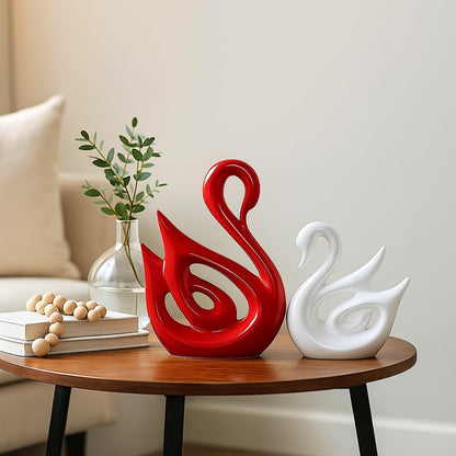 Xtore Lucky Swan Couple Piano Finish Ceramic Figures for Home Decor (Set of 2 Pc, Large, White & Red)
