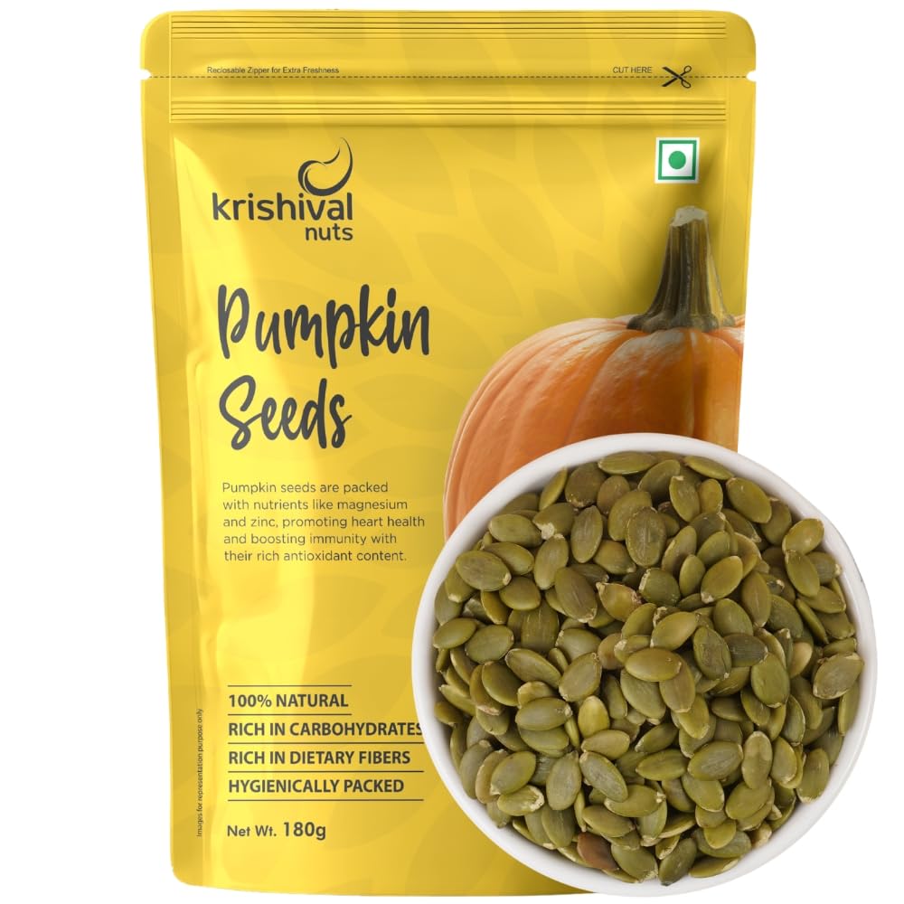 Krishival Pumpkin Seeds 180g, Healthy Raw Seeds, High Protein & Zinc, Diet Snack for Immunity & Weight Loss, Natural Superfood Seeds