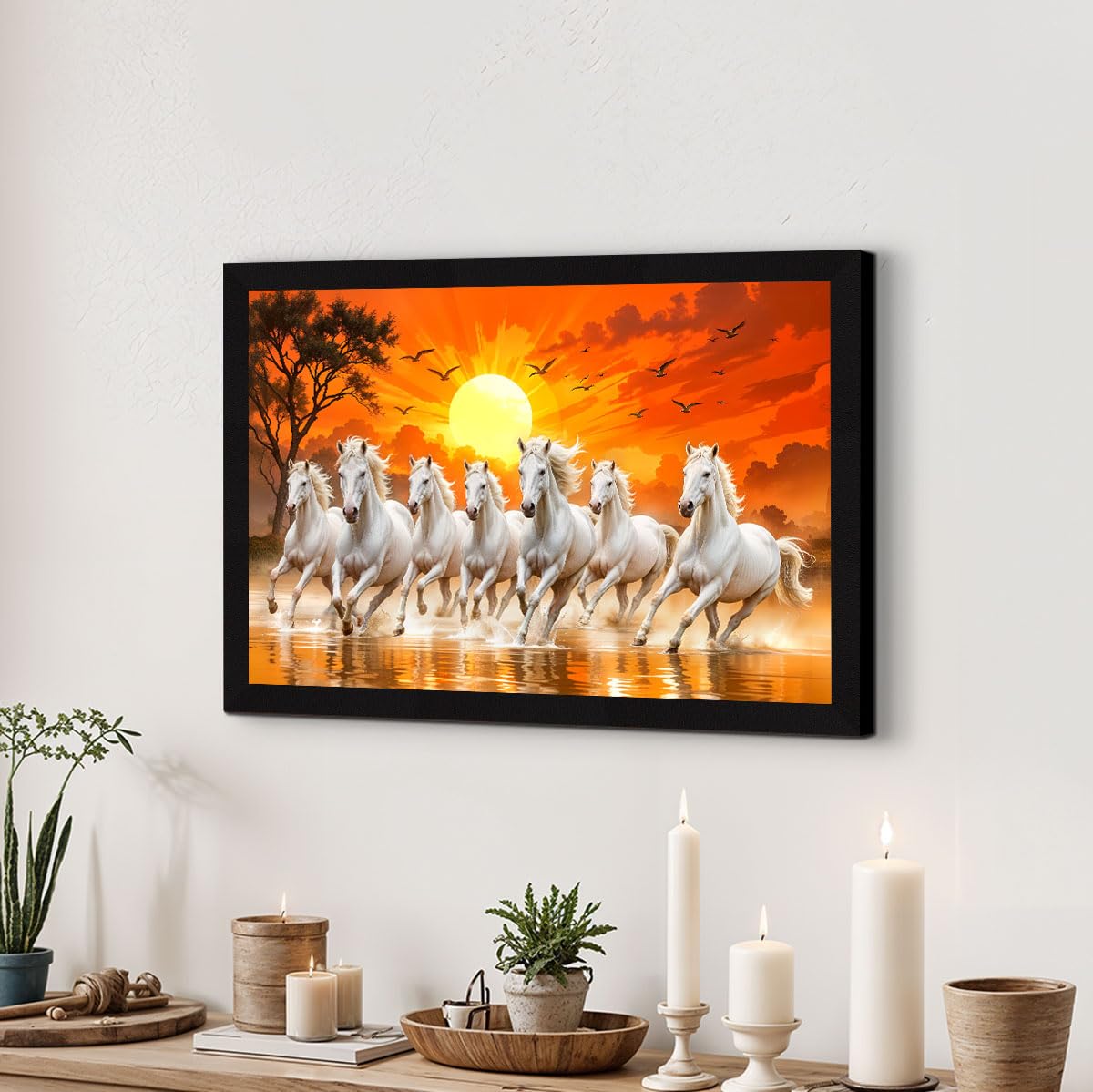 7 Horses Vastu Frame Wall Art Painting, Seven White Running Horses