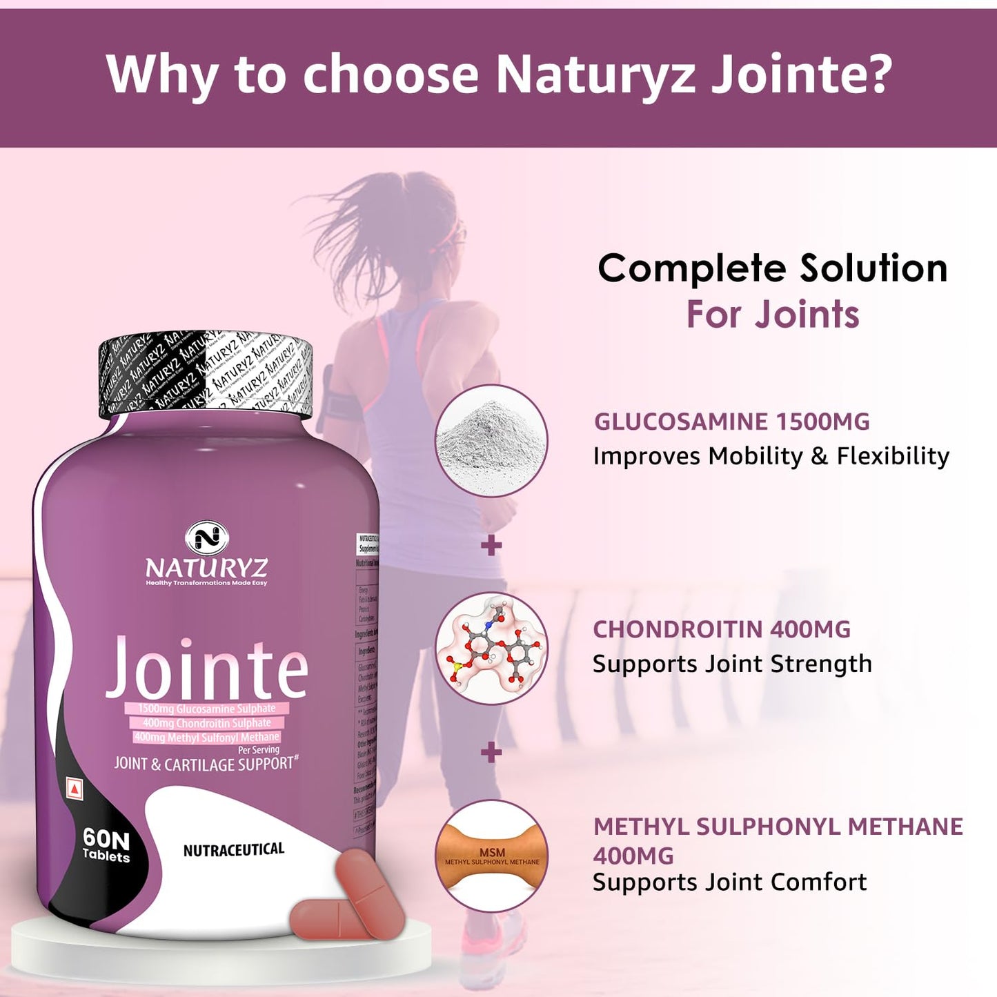 Naturyz Jointe supplement bottle with text highlighting benefits on a pink background