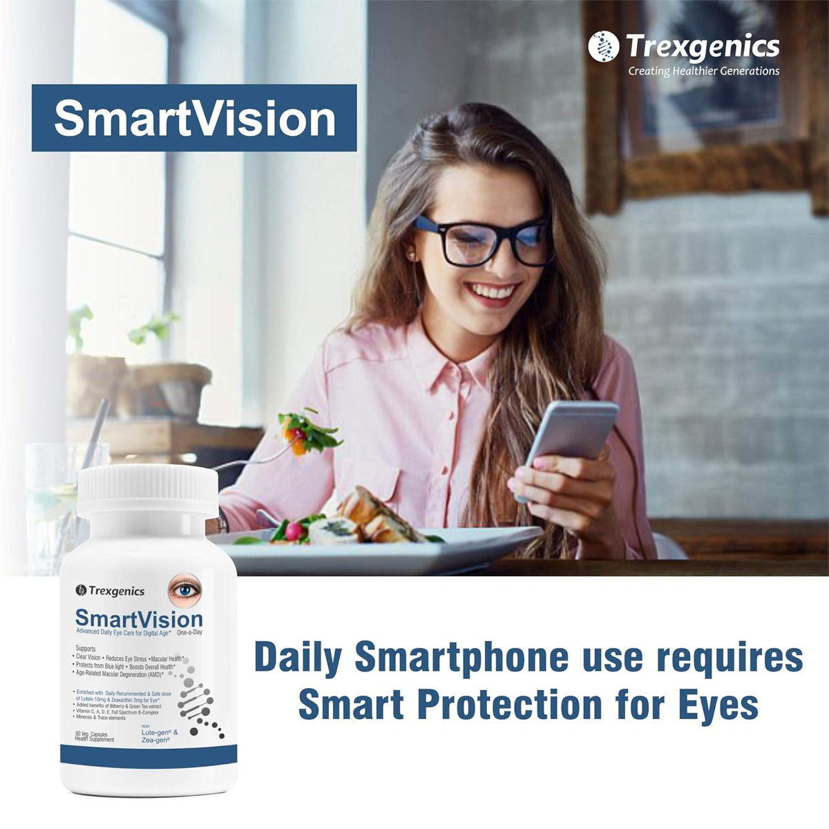 Woman using a smartphone with a bottle of Trexgenics SmartVision supplement in a casual setting.