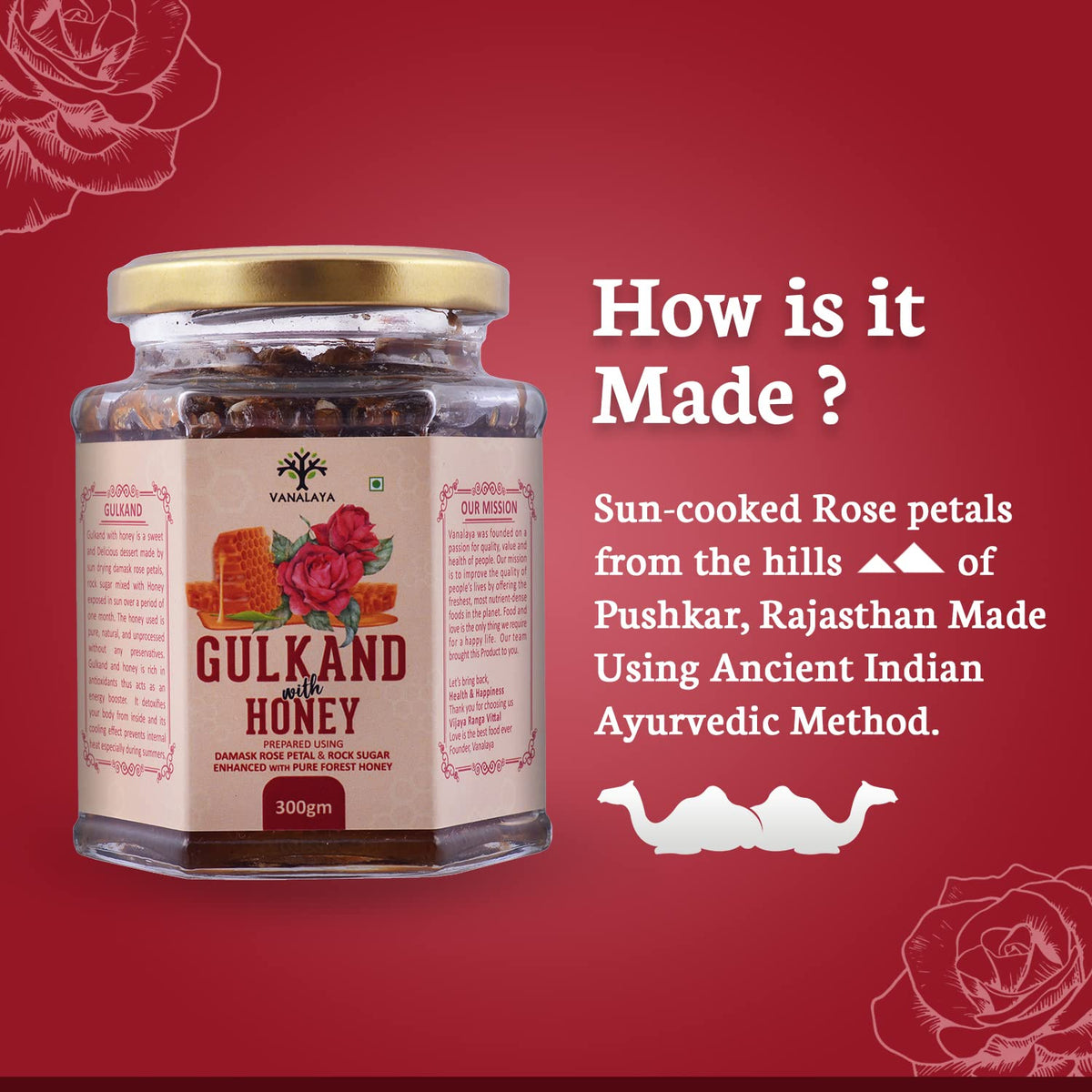 Vanalaya Natural Honey Gulkand | Sun-Cooked Damask Rose with Forest Honey 300gm