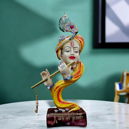 Decorative Krishna Statue with Flute, Resin and Marble, 34.5 cm Height, Religious Home Decor Krishna Showpiece for Home Decor Living Room