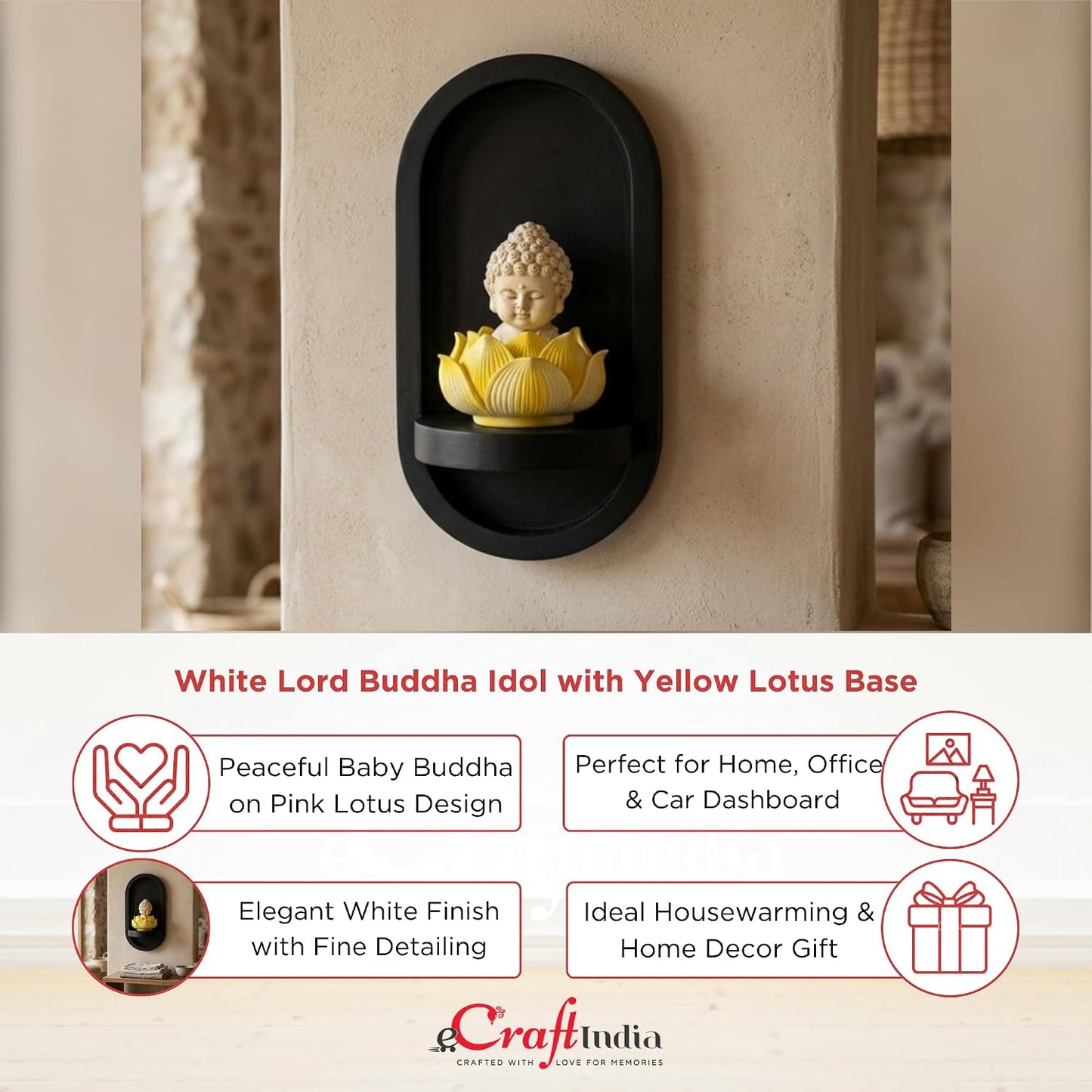 eCraftIndia White Lord Buddha Idol in Yellow Lotus Base | Baby Buddha Statue for Car Dashboard Office Home Decor | Gift for Diwali Housewarming Birthday