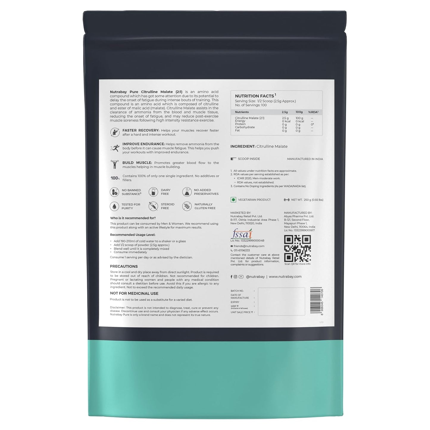Back view of a supplement package with text and QR code on a white background