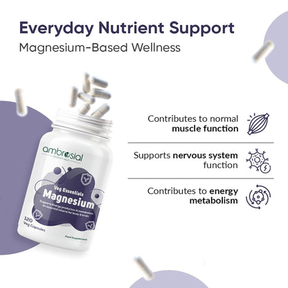 Ombrelion magnesium supplement bottle with text on everyday nutrient support and benefits.
