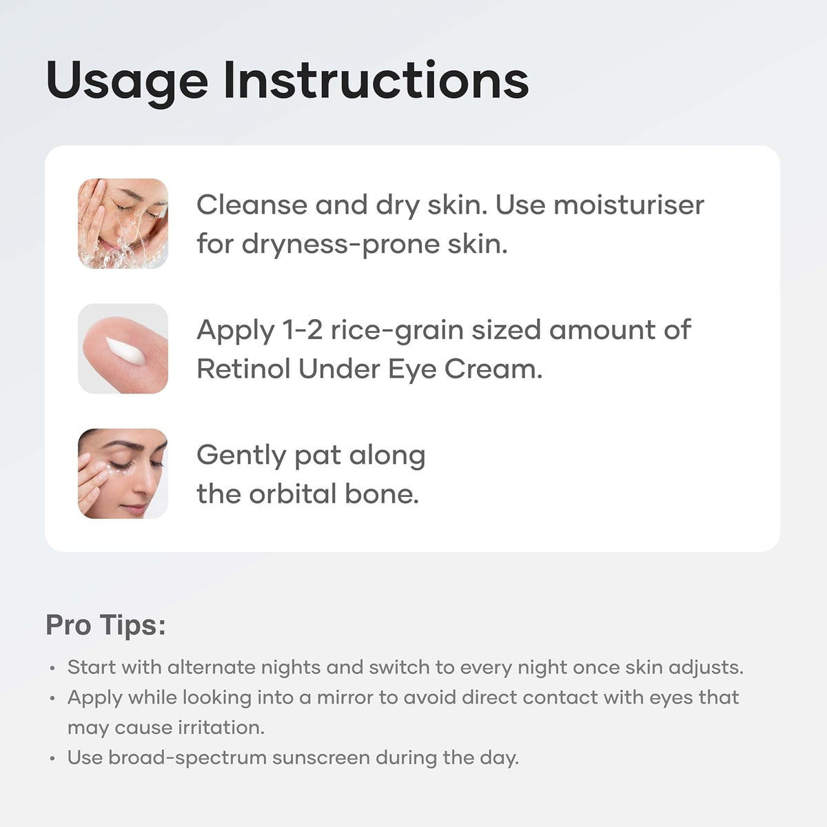Usage instructions for a skincare product with step-by-step guidance and pro tips.