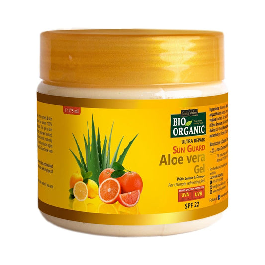 Jar of Bio Organic Aloe vera gel with a yellow label on a white background