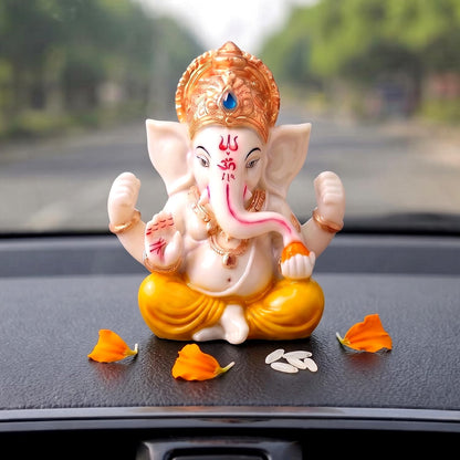 Ganesha Idol for Car Dashboard Ganesha Murti Ganpati Idol Home Decor Puja Lord Ganesh Statue Gift for Office for Office Desk Puja Room Figurine (Yellow and Cream 2.5 inches)