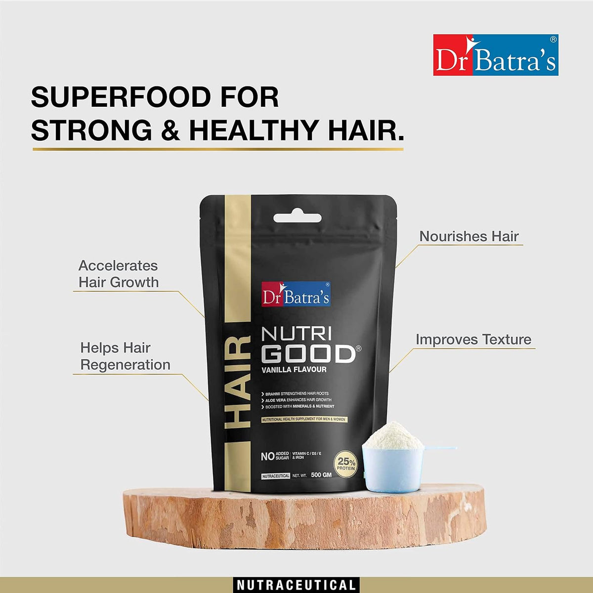Dr Batra’s Nutrigood Hair Protein Powder 500g Vanilla with Brahmi, Biotin, Collagen & Keratin | Supplement for Hair Fall Control, Hair Growth, Stronger Thicker Hair & Scalp Nourishment | For Men & Women