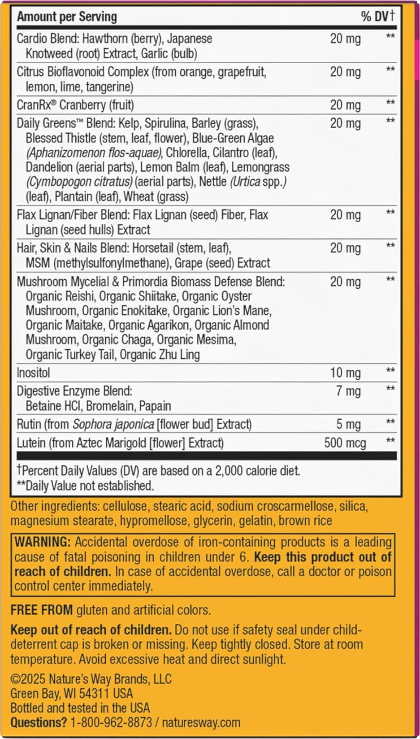 Nutritional label with detailed ingredient list and serving size on a yellow background