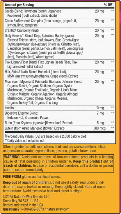 Nutritional label with detailed ingredient list and serving size on a yellow background