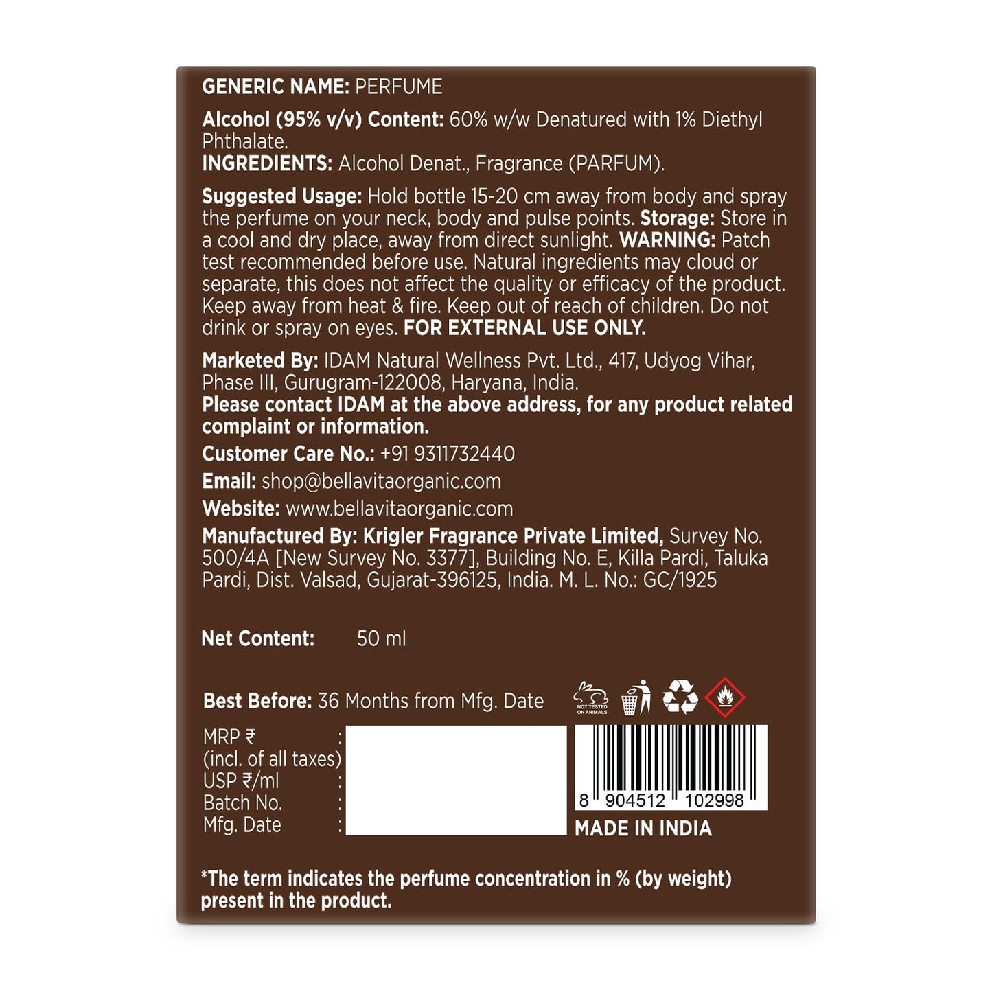 Back label of a perfume bottle with text and contact information on a white background