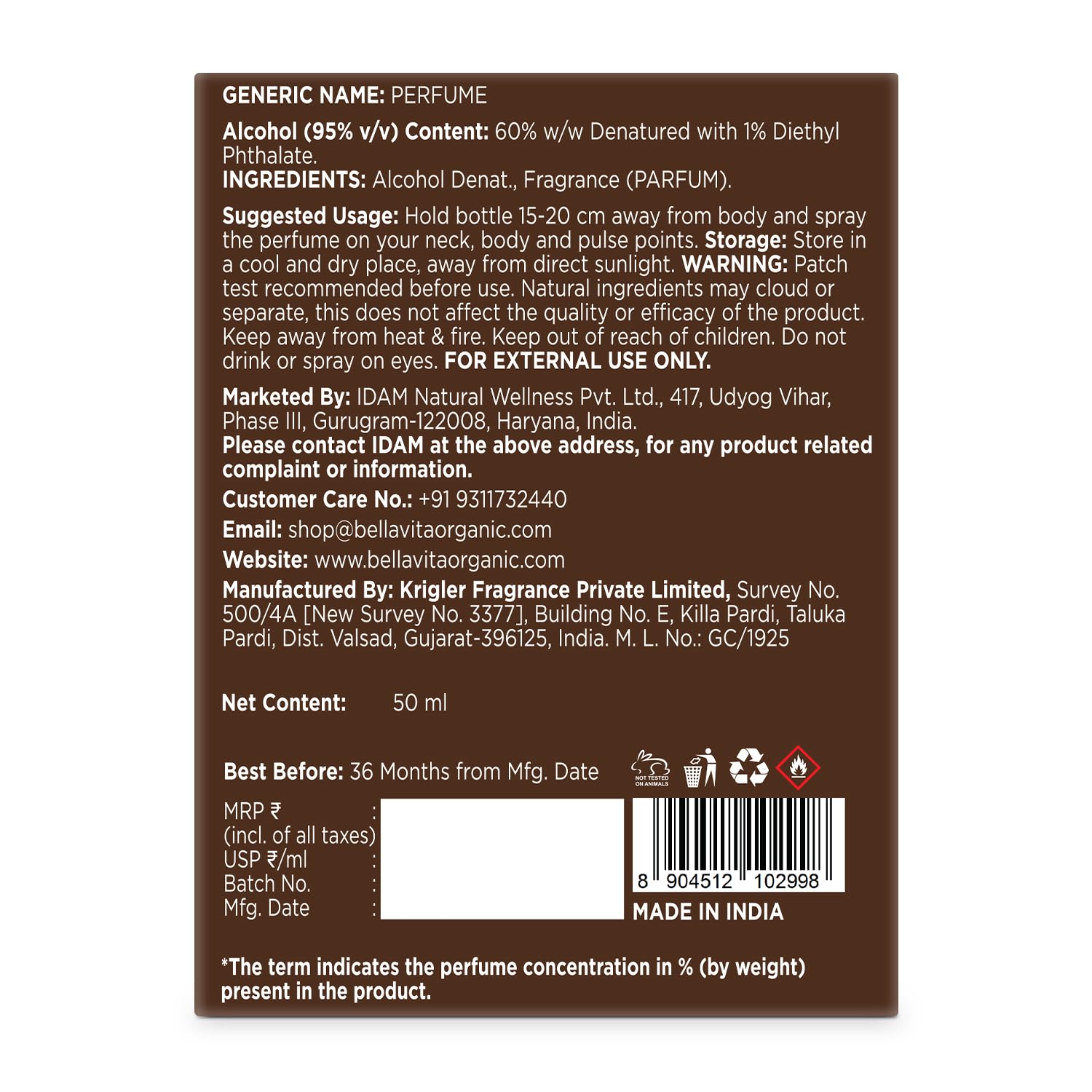 Back label of a perfume bottle with text and contact information on a white background