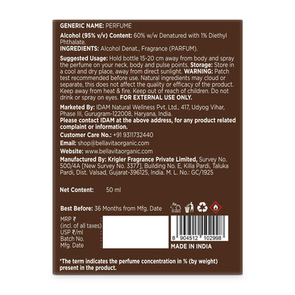 Back label of a perfume bottle with text and contact information on a white background