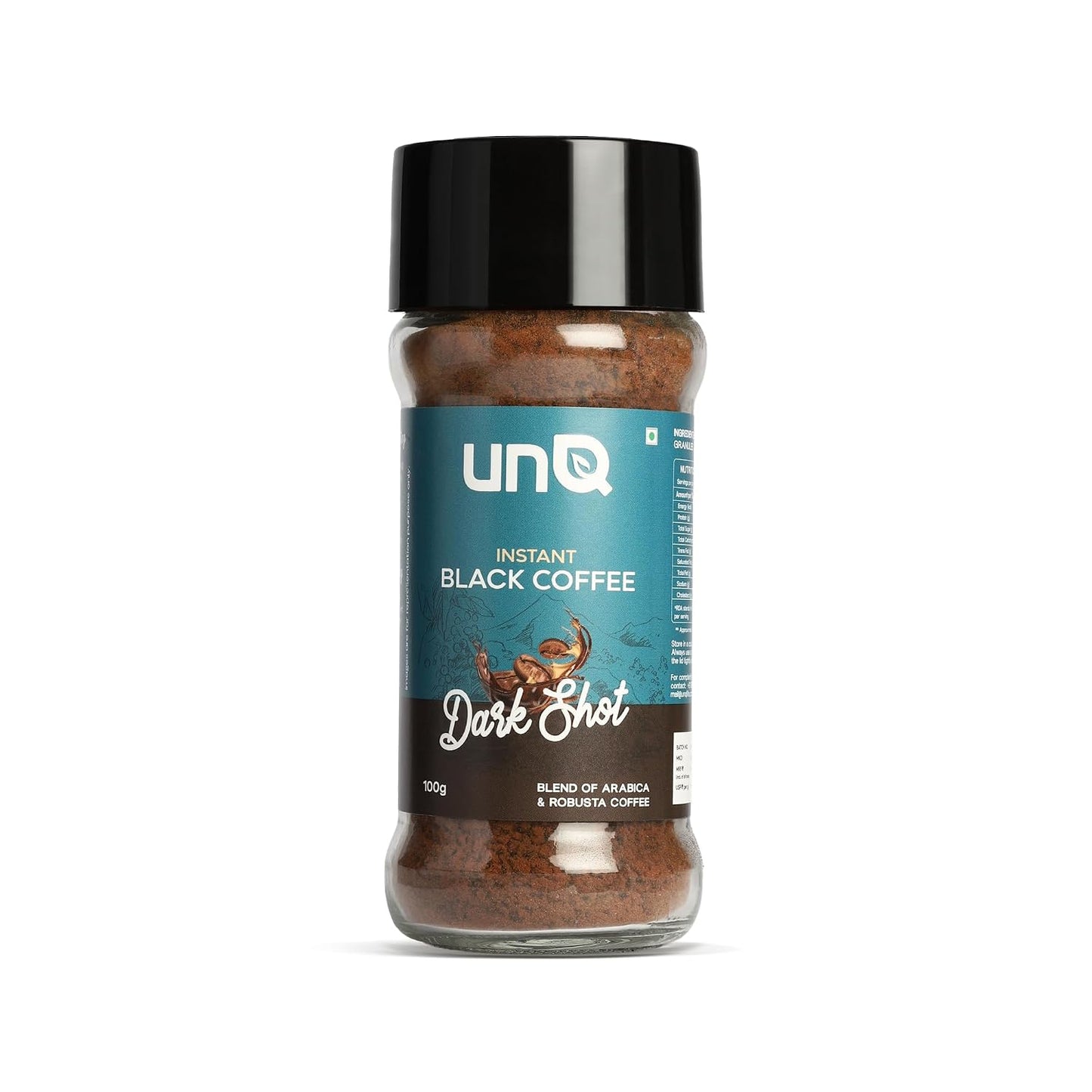 unQ Dark Shot Instant Black Coffee Powder | Strong Arabica Robusta Blend | Cafe Style Coffee | Quick Hot & Cold Mix | 25 Cups | No Additives