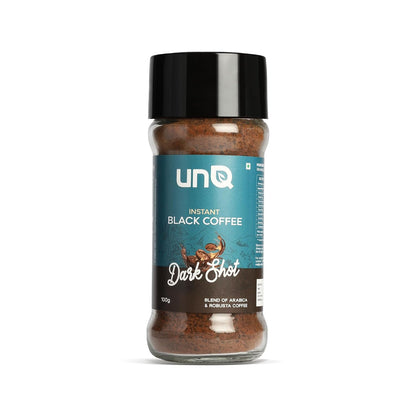 unQ Dark Shot Instant Black Coffee Powder | Strong Arabica Robusta Blend | Cafe Style Coffee | Quick Hot & Cold Mix | 25 Cups | No Additives