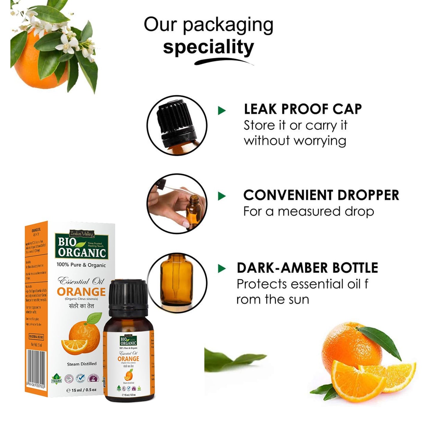 Bio Organic Orange Essential Oil packaging with features highlighted on a white background