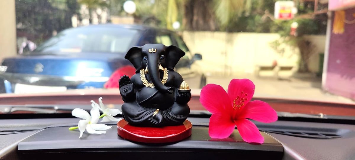 Handcrafted Poly Resin Ganesha Statue with Base - Perfect for Car Dashboard, Office Desk, Shelves, and Home Decor - Ideal Housewarming Gift! (AppuBlackwithbase)
