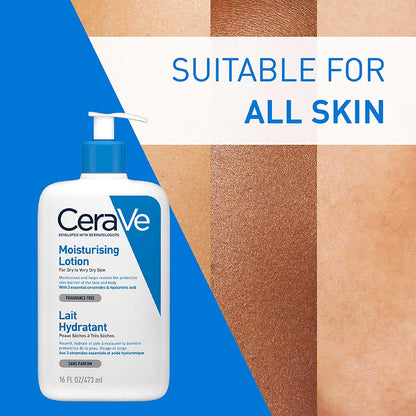 CeraVe moisturizing lotion bottle with skin texture background and text 'Suitable for all skin'.