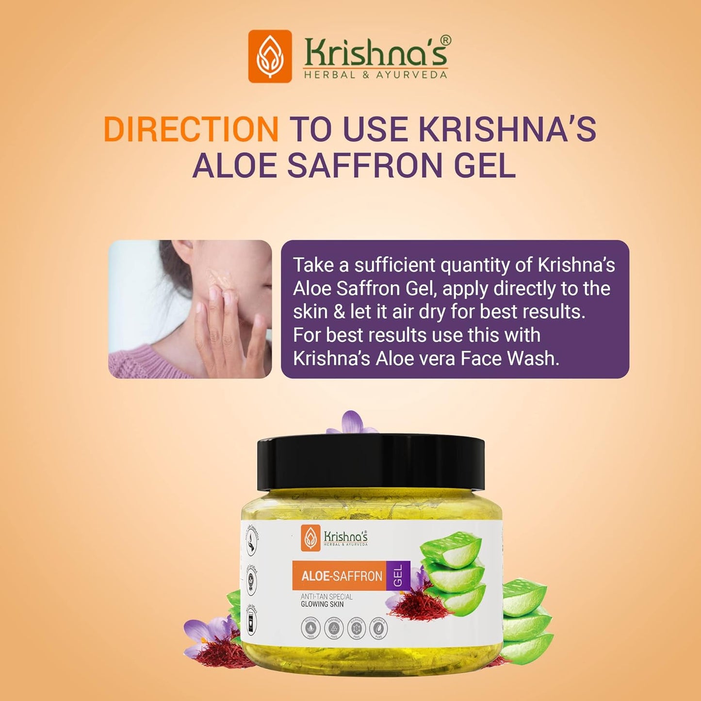 KRISHNA'S HERBAL & AYURVEDA Aloe Vera Gel Saffron For Acne, Scars, Glowing & Radiant Skin | Kesar Aloe Vera Gel For Face | Best Aloveravgel For Face | Aloevera Gel - 250 G