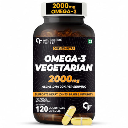Bottle of Omega-3 vegetarian supplements with visible branding on a white background