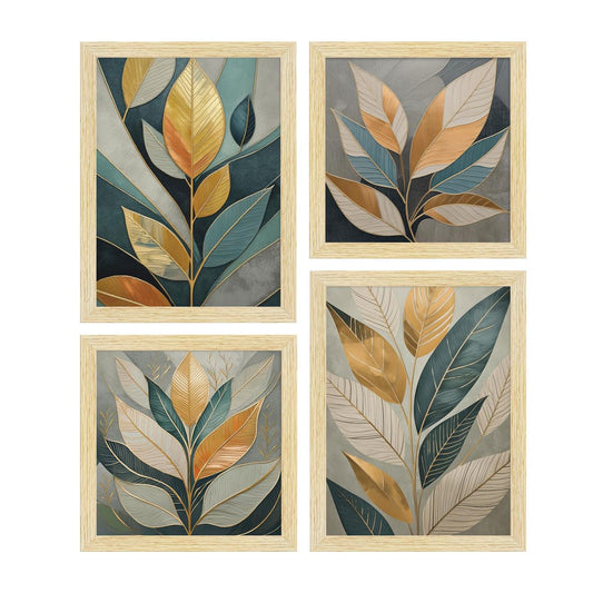 Golden Leaves Botanical Art Paintings With Frame for Home Decor, Wall Painting for Living Room, Multicolor, Set of 4