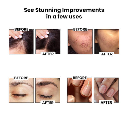 Before and after results of a skincare or hair care product on various parts of the body.