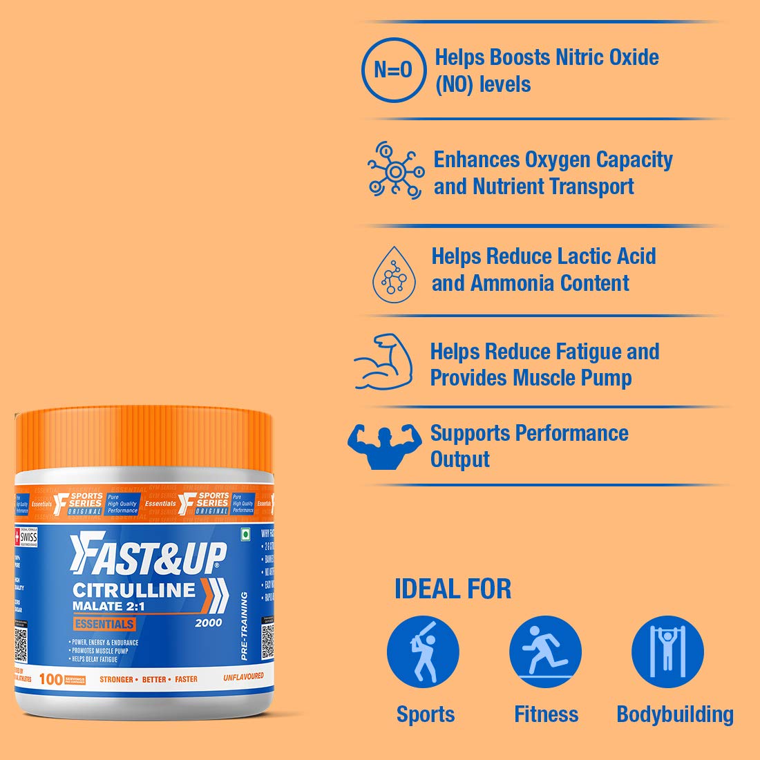 Fast&Up Citrulline (100 Servings) Citrulline Malate to Enhance Muscle Pump, Sustain Longer Workouts & Boost Recovery (Unflavored,Pack of 200 gm Powder)