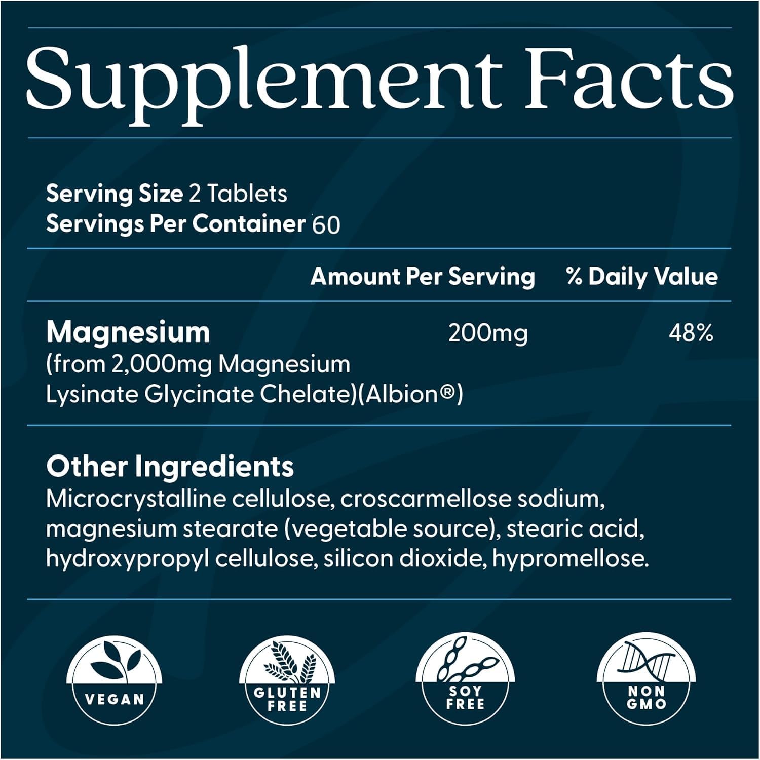 Supplement facts label with magnified text on a dark blue background