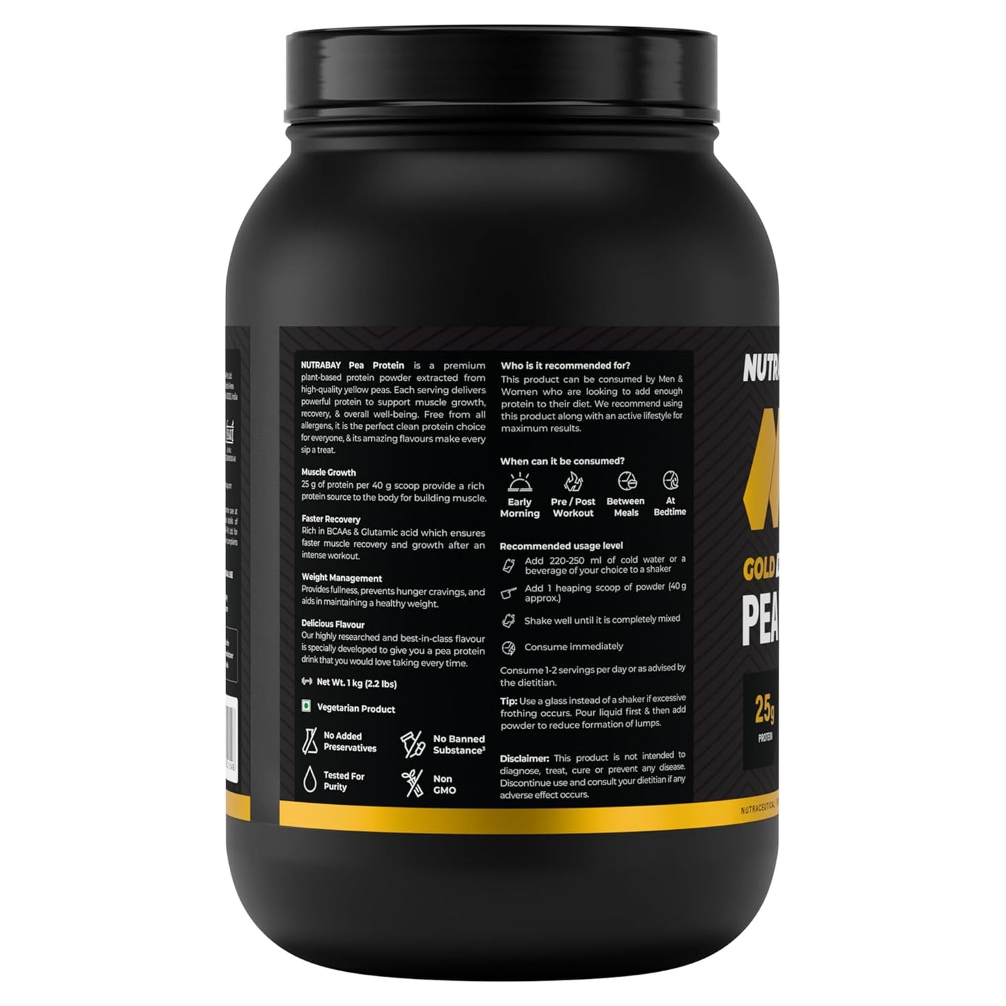 Black protein powder container with yellow text on a white background