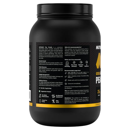 Black protein powder container with yellow text on a white background