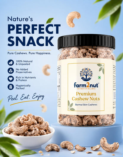 farm2nut Premium Borma Cashews/Skin Cashew Nuts Natural Unpeeled Whole Kaju Packed in Reusable Jar. Goa cashew nuts