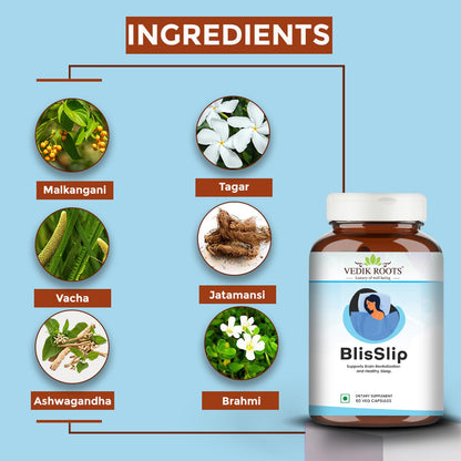 BlisSlip | Promotes Restful Sleep | Natural Sleep Support Supplement For Men & Women | 60 Veg Capsules (Pack of 1)