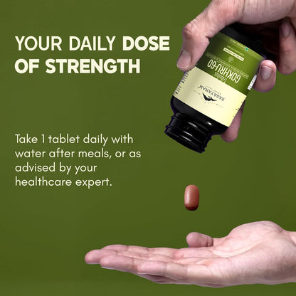Hand holding a supplement bottle with a pill being dispensed against a green background, text about daily dose of strength.