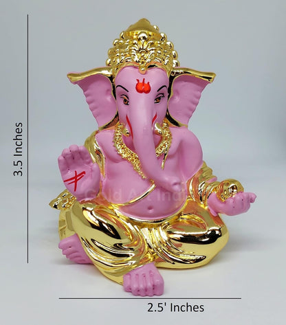 Gold Art India Gold Plated Gaddi Ganesh Idol for Car Dashboard Ganesha Murti Ganpati Idol for Home Decor Puja Lord Ganesh Statue Gift for Office Desk Puja Room Figurine Gold Pink