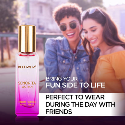 Bellavita Senorita Woman perfume bottle with a blurred background of two people smiling.
