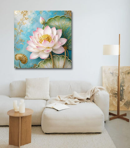 Lotus Flower Painting for Wall Vastu (15+ DESIGNS) Framed Lotus Canvas Painting for Living Room, Bedroom | Nature Floral Wall Art with Multiple Design Variations (3D View Pink Lotus, 18x18 Inch, Framed)