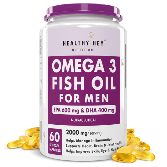 Omega 3 Fish Oil supplement container with purple and white label on a white background
