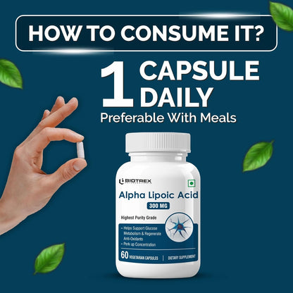 Biotrex Nutraceuticals Alpha Lipoic Acid (ALA) 300mg | Supports Cognitive & Nerve Health | Potent Antioxidant | Healthy Liver & Skin Health | Immunity | Energy & Metabolism | Non GMO | 60 Veg Capsules