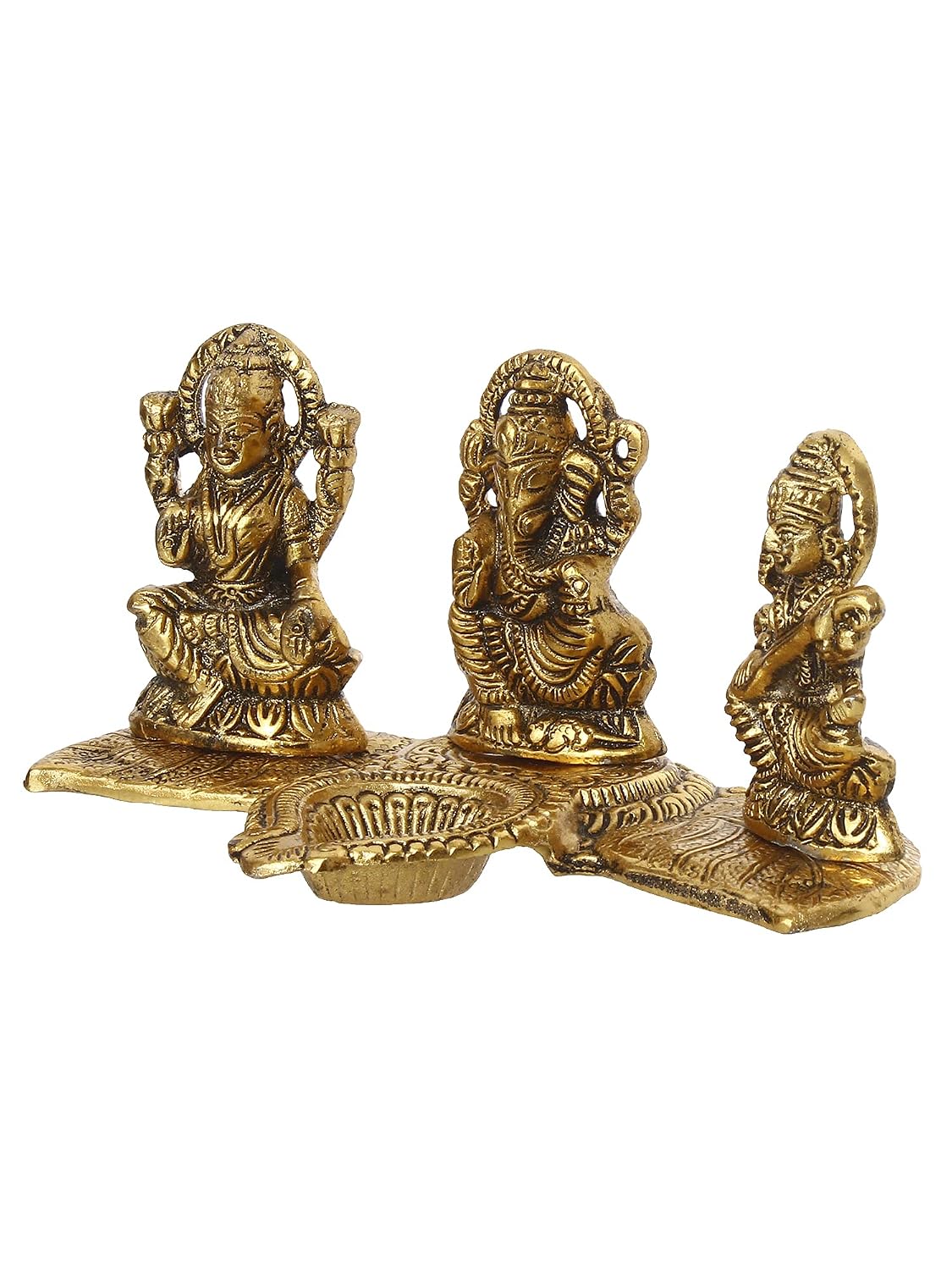 Golden Metal Handcrafted Lakshmi Ganesha Saraswati Idols with Diya On Leaf Chowki - Auspicious Decorative Idols & Diyas for Puja Room, Home, Office, Temple - Gift for Diwali, Housewarming