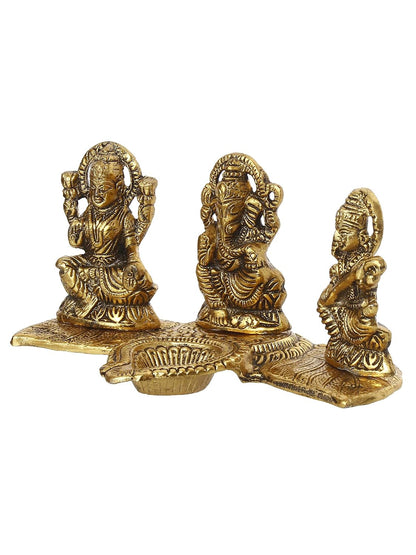 Golden Metal Handcrafted Lakshmi Ganesha Saraswati Idols with Diya On Leaf Chowki - Auspicious Decorative Idols & Diyas for Puja Room, Home, Office, Temple - Gift for Diwali, Housewarming