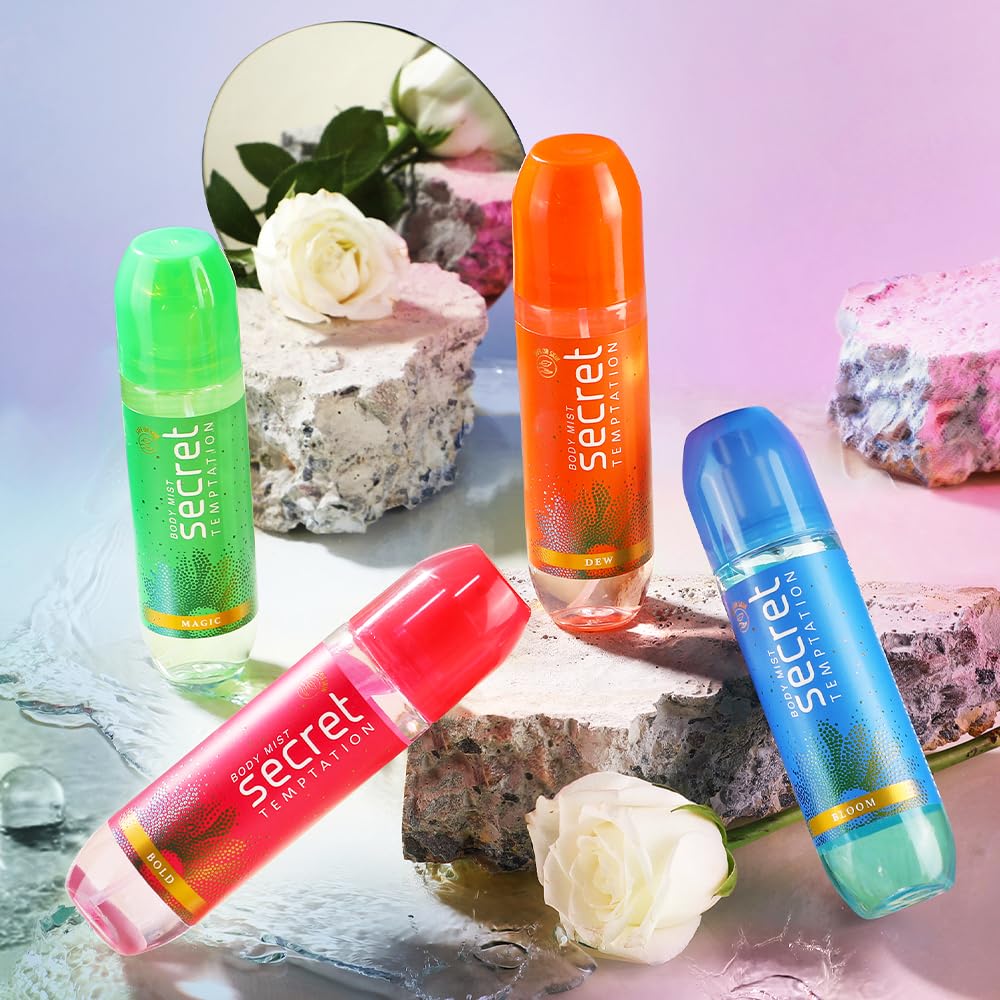 Four Secret Temptation products with flowers and a cake in the background