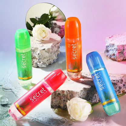 Four Secret Temptation products with flowers and a cake in the background