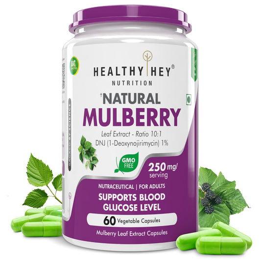 Healthy Hey Nutrition Natural Mulberry supplement container with green capsules on a white background